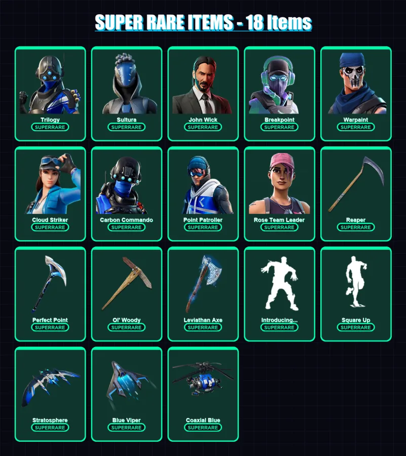 [PS4/PS5/XBOX/PC] | Trilogy | Sultura | John Wick | Breakpoint | Warpaint | 127 skin | 96 pickaxe | 82 emote | 81 glider | Lv1094 — Fortnite account