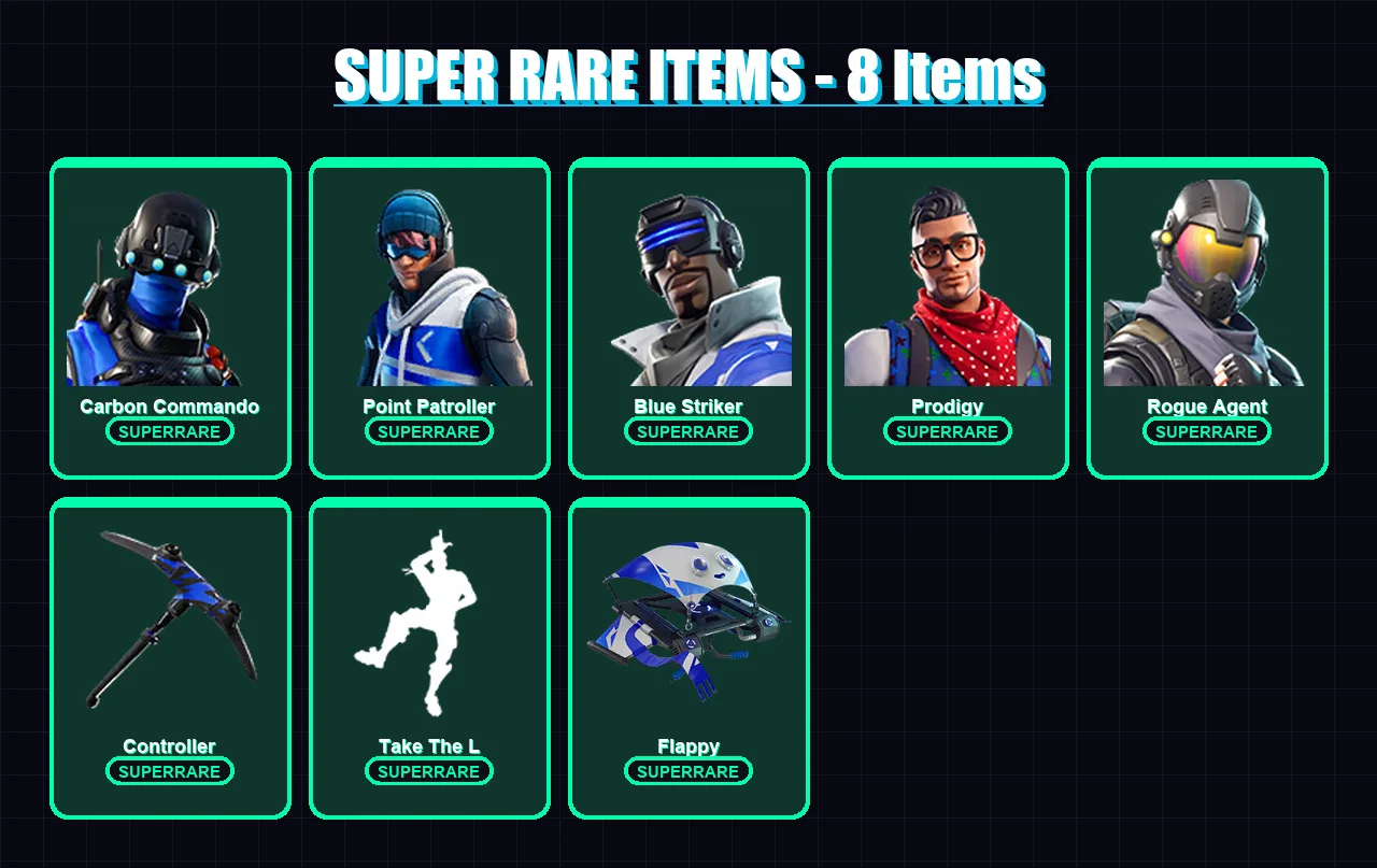 [PS4/PS5/XBOX/PC] | Carbon Commando | Point Patroller | Blue Striker | Prodigy | Rogue Agent | 13 skin | 17 pickaxe | 27 emote | 20 glider | Lv417