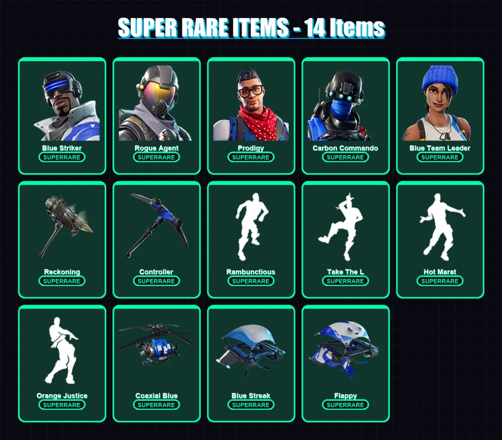 [SWITCH/XBOX/PC] | Blue Striker | Rogue Agent | Prodigy | Carbon Commando | Blue Team Leader | 70 skin | 45 pickaxe | 69 emote | 62 glider | Lv657