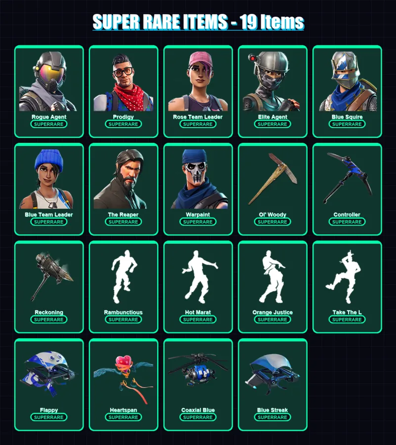 [PC/XBOX] | Rogue Agent | Prodigy | Rose Team Leader | Elite Agent | Blue Squire | 118 skin | 87 pickaxe | 137 emote | 105 glider | Lv1246