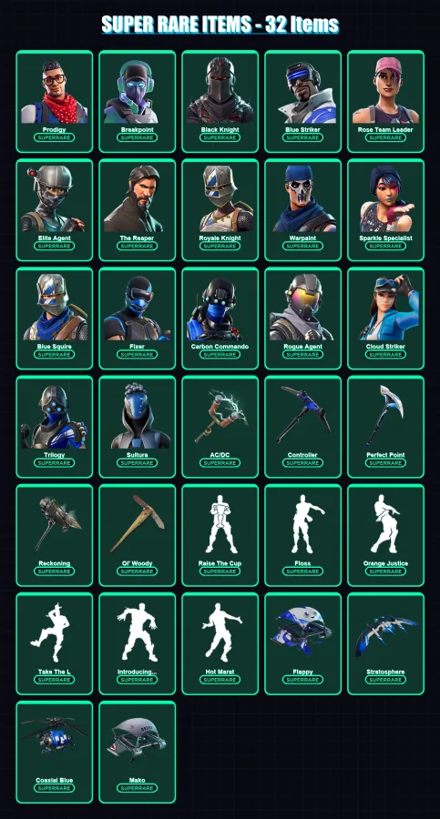 [PC/XBOX] | Prodigy | Breakpoint | Black Knight | Blue Striker | Rose Team Leader | 86 skin | 73 pickaxe | 80 emote | 74 glider | Lv1262