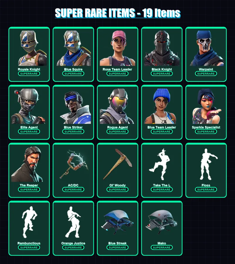 [PS4/PS5/XBOX/PC] | Royale Knight | Blue Squire | Rose Team Leader | Black Knight | Warpaint | 54 skin | 74 pickaxe | 65 emote | 73 glider | Lv824