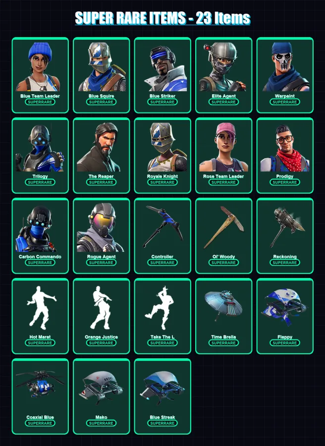 [PC] | Blue Team Leader | Blue Squire | Blue Striker | Elite Agent | Warpaint | 98 skin | 132 pickaxe | 119 emote | 116 glider | Lv1573