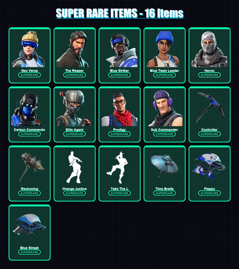 [PS4/PS5/XBOX/PC] | Neo Versa | The Reaper | Blue Striker | Blue Team Leader | Havoc | 46 skin | 31 pickaxe | 40 emote | 41 glider | Lv559 — Fortnite account