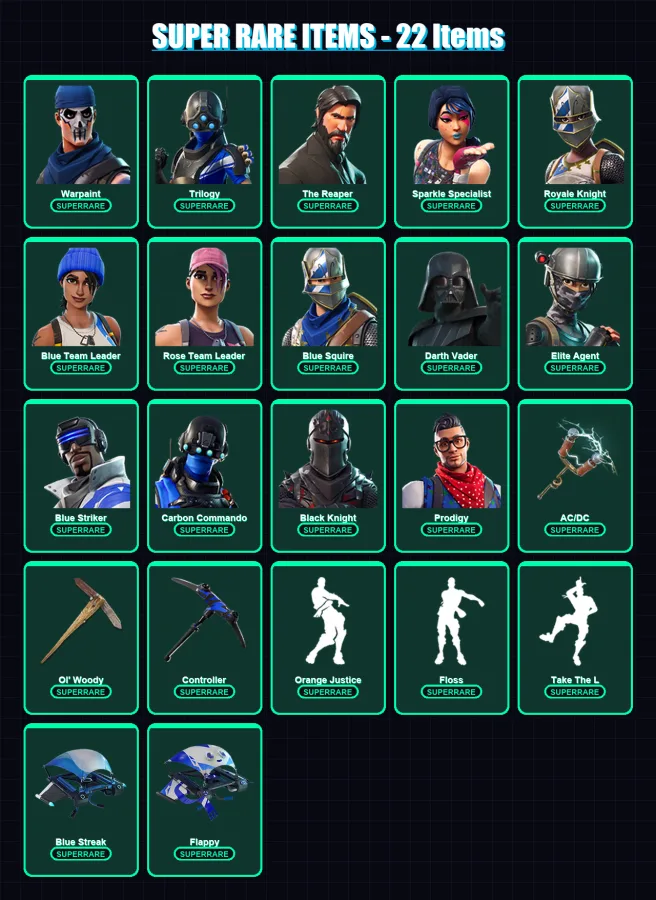 [PC/XBOX] | Warpaint | Trilogy | The Reaper | Sparkle Specialist | Royale Knight | 61 skin | 46 pickaxe | 54 emote | 51 glider | Lv673