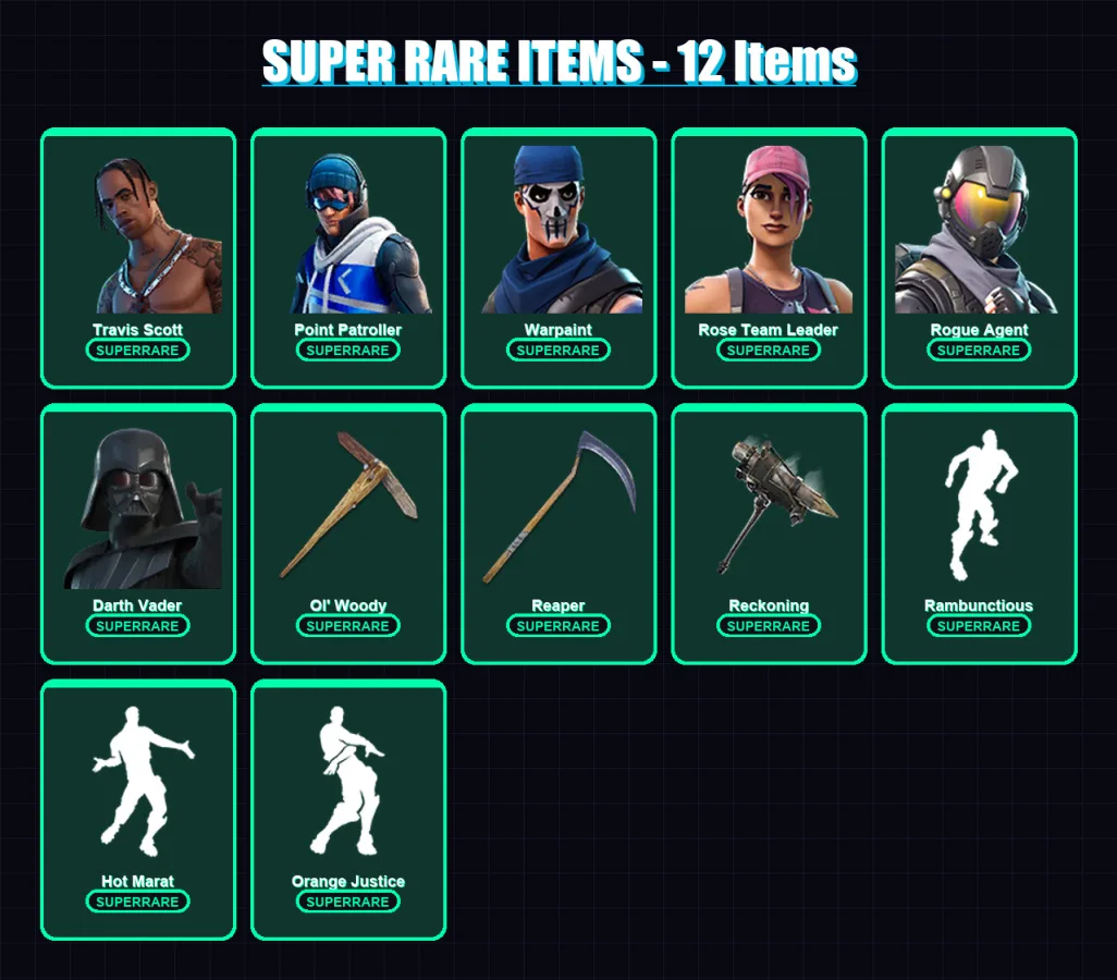 [PC] | Travis Scott | Point Patroller | Warpaint | Rose Team Leader | Rogue Agent | 146 skin | 114 pickaxe | 149 emote | 122 glider | Lv1671