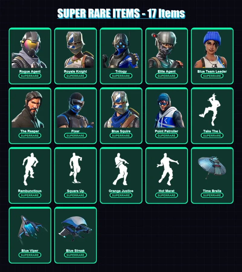 [PC/XBOX] | Rogue Agent | Royale Knight | Trilogy | Elite Agent | Blue Team Leader | 82 skin | 114 pickaxe | 128 emote | 115 glider | Lv2090