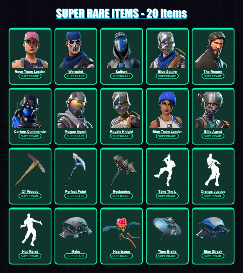 [PS4/PS5/XBOX/PC] | Rose Team Leader | Warpaint | Sultura | Blue Squire | The Reaper | 69 skin | 73 pickaxe | 69 emote | 73 glider | Lv1026