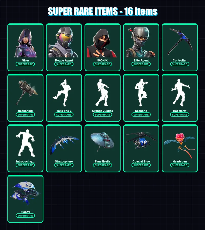 [PC] | Glow | Rogue Agent | IKONIK | Elite Agent | Calamity | 101 skin | 152 pickaxe | 129 emote | 143 glider | Lv2058 — Fortnite account