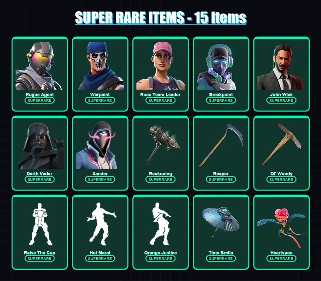 [PS4/PS5/PC] | Rogue Agent | Warpaint | Rose Team Leader | Breakpoint | John Wick | 275 skin | 289 pickaxe | 240 emote | 229 glider | Lv3035
