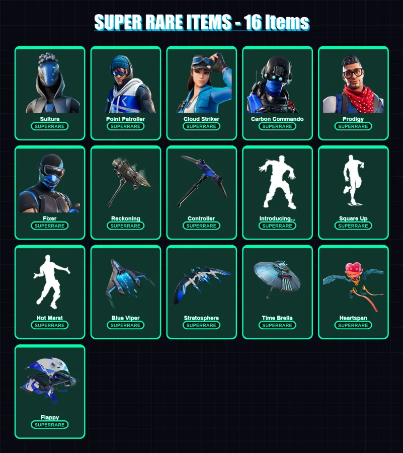 [PS4/PS5/XBOX/PC] | Sultura | Point Patroller | Cloud Striker | Carbon Commando | Prodigy | 109 skin | 115 pickaxe | 97 emote | 117 glider | Lv1673