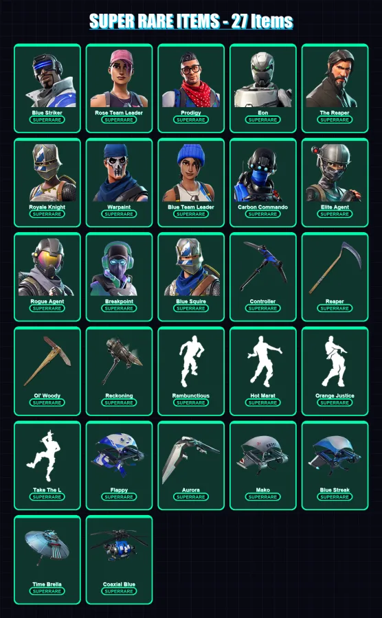 [PS4/PS5/PC] | Blue Striker | Rose Team Leader | Prodigy | Eon | The Reaper | 176 skin | 136 pickaxe | 117 emote | 130 glider | Lv1601