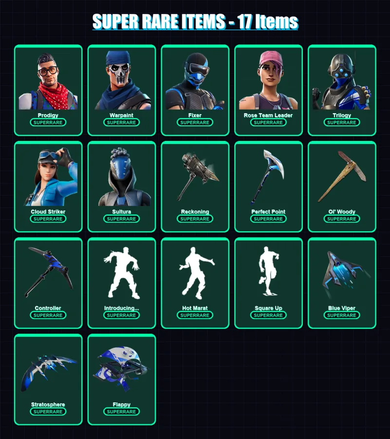 [PC/XBOX/PSN] | Prodigy | Warpaint | Fixer | Rose Team Leader | Trilogy | 49 skin | 68 pickaxe | 88 emote | 65 glider | Lv796