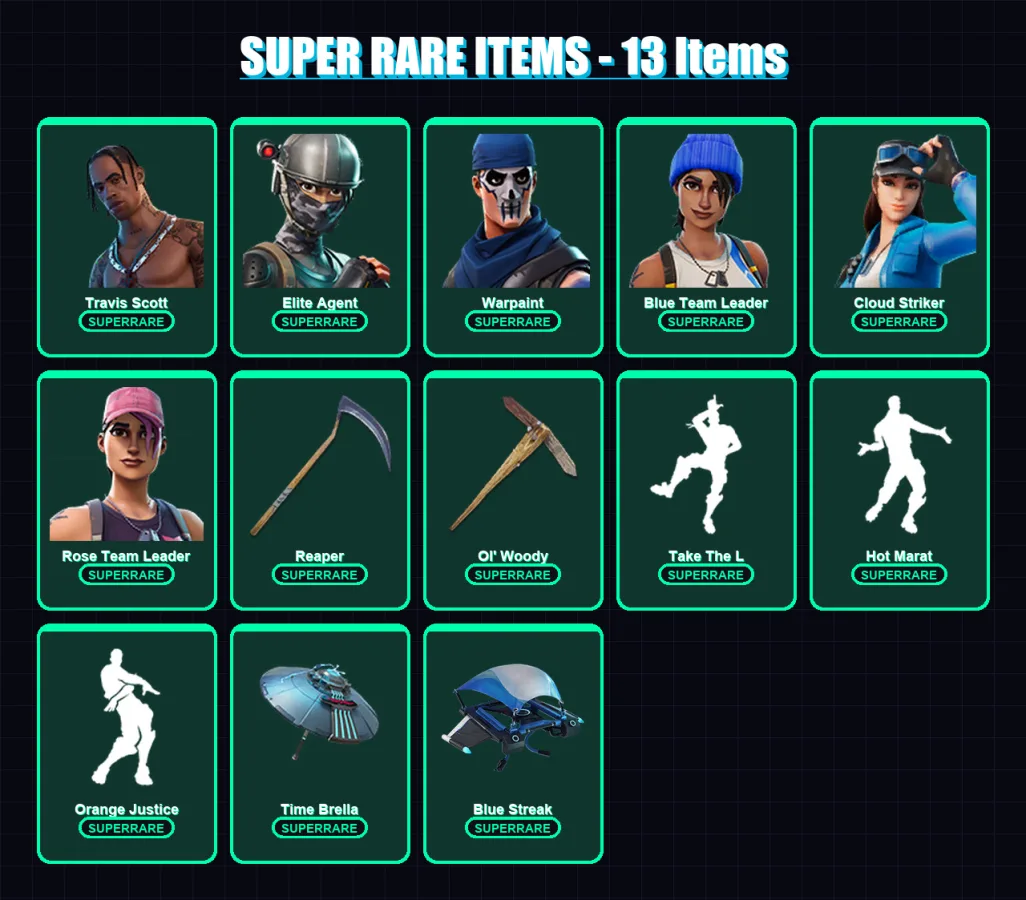 [PS4/PS5/XBOX/PC] | Travis Scott | Elite Agent | Warpaint | Blue Team Leader | Cloud Striker | 100 skin | 138 pickaxe | 89 emote | 113 glider | Lv17