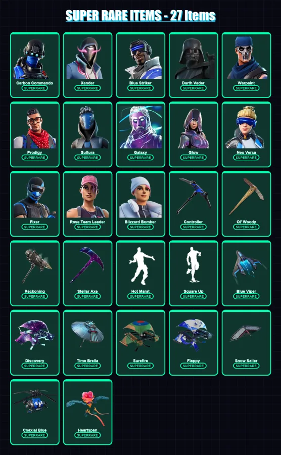 [PC/XBOX] | Carbon Commando | Xander | Blue Striker | Darth Vader | Warpaint | 407 skin | 420 pickaxe | 295 emote | 310 glider | Lv5362