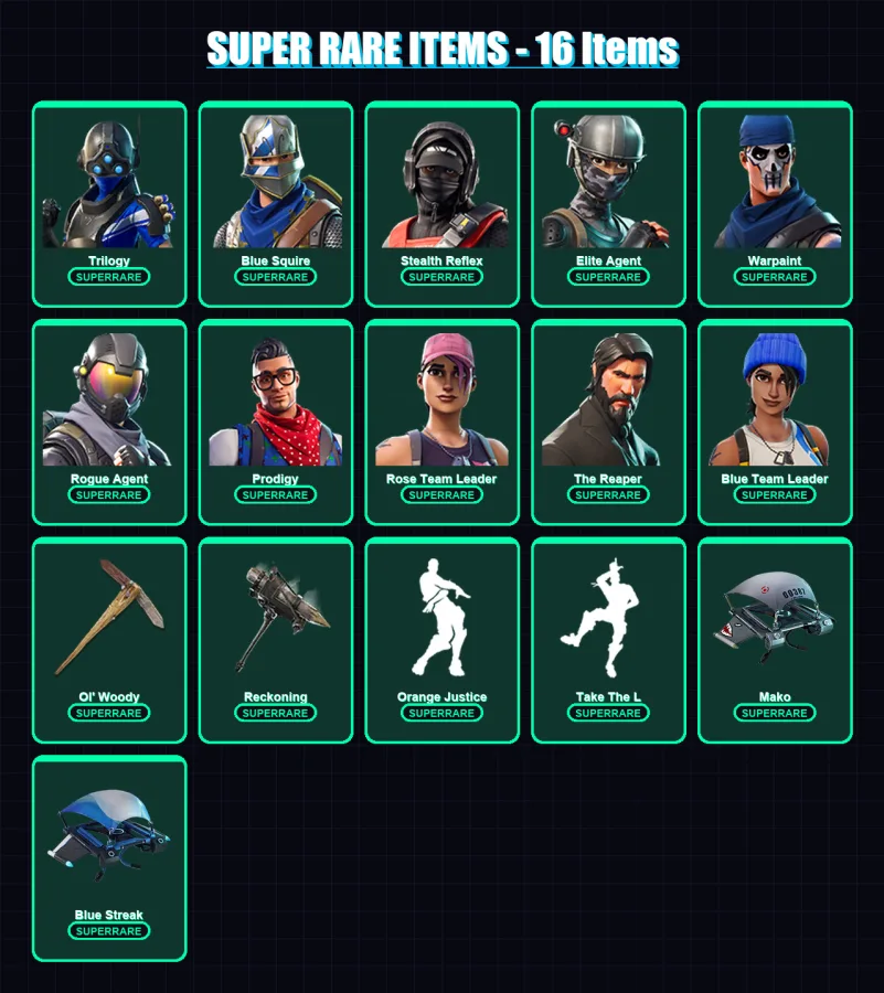 [PC/XBOX] | Trilogy | Blue Squire | Stealth Reflex | Elite Agent | Warpaint | 200 skin | 250 pickaxe | 197 emote | 145 glider | Lv2084