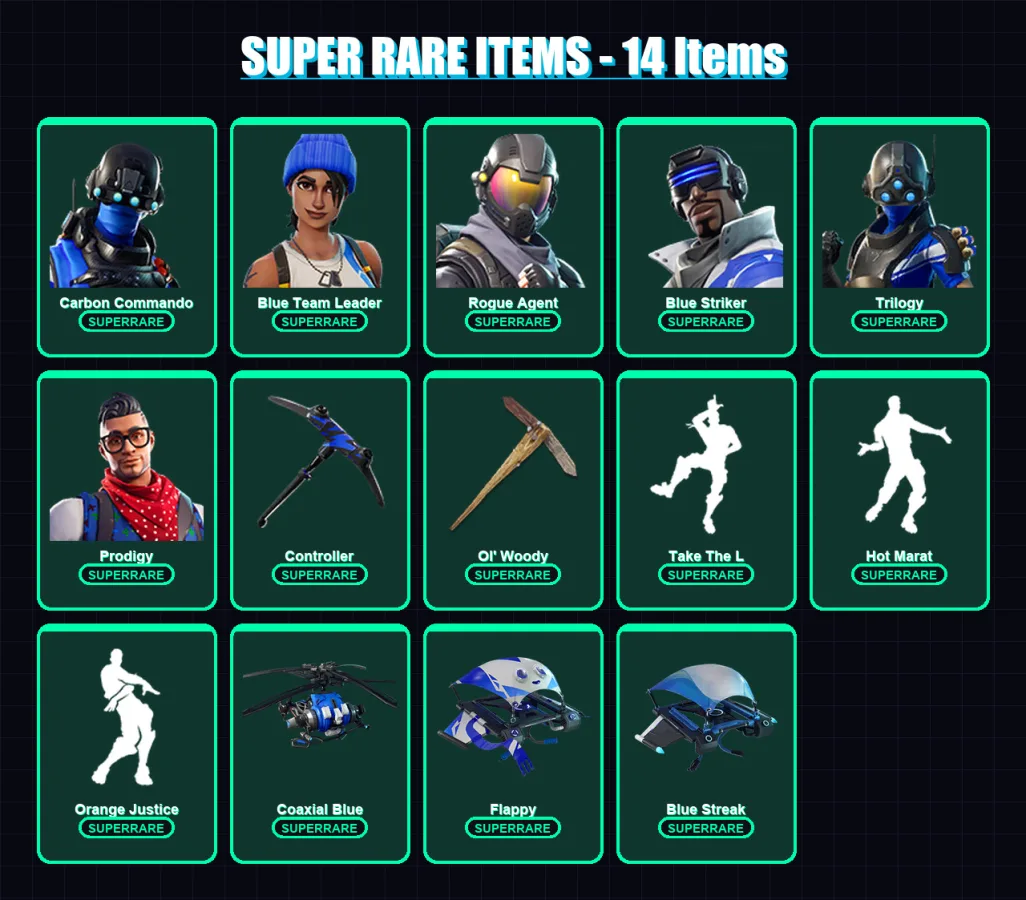 [PS4/PS5/XBOX/PC] | Carbon Commando | Blue Team Leader | Rogue Agent | Blue Striker | Trilogy | 21 skin | 49 pickaxe | 39 emote | 49 glider | Lv749