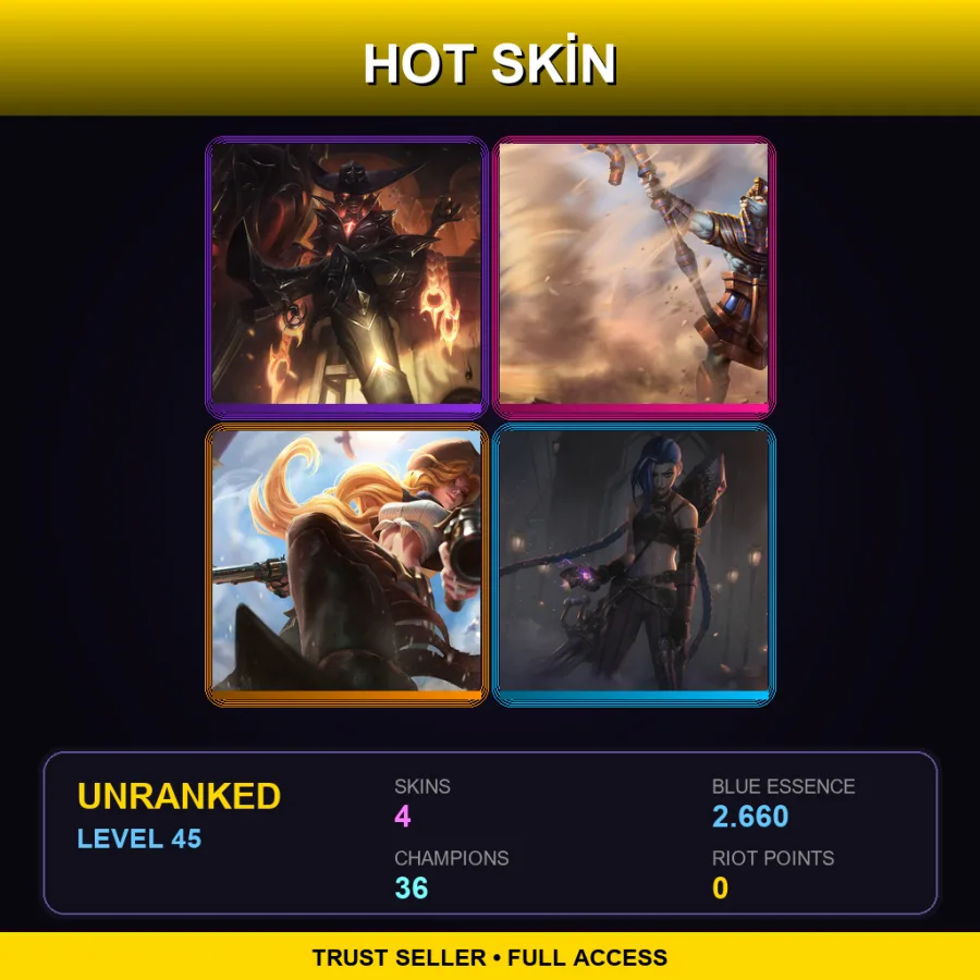 LAN | High Noon Senna | Pharaoh Nasus | Cowgirl Miss Fortune | Arcane Enemy Jinx | 4 Skin | 36 Champ | Lv45