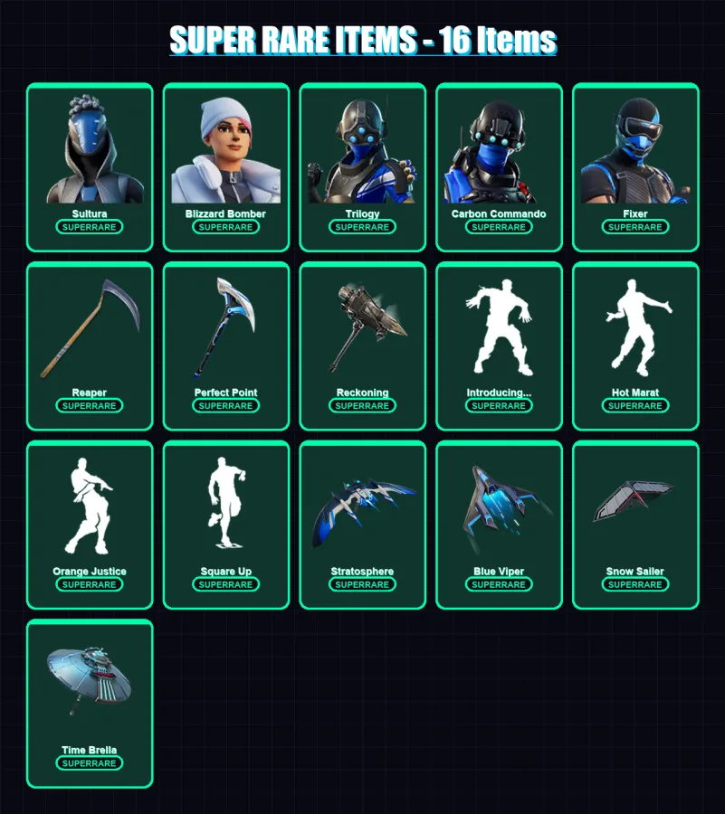 [PS4/PS5/XBOX/PC] | Sultura | Blizzard Bomber | Trilogy | Carbon Commando | Fixer | 129 skin | 154 pickaxe | 123 emote | 149 glider | Lv2137