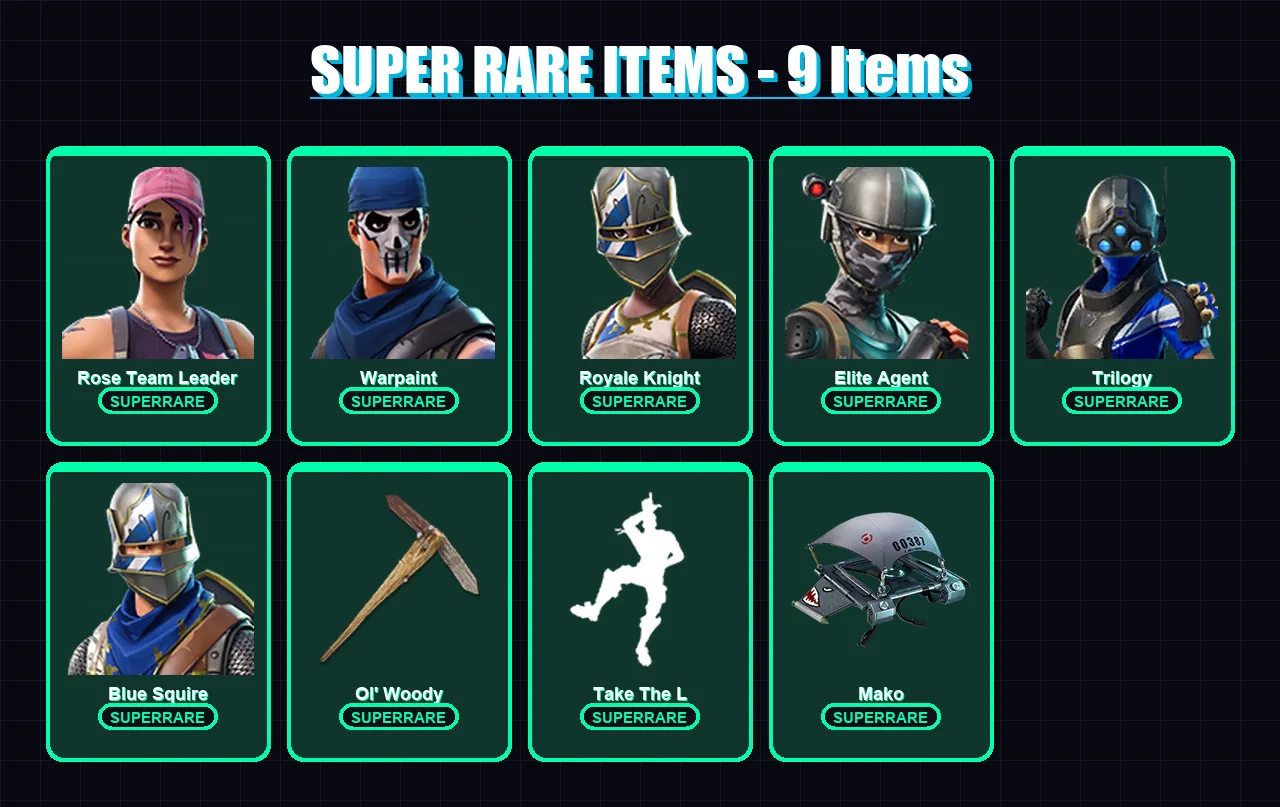 [PS4/PS5/XBOX/PC] | Rose Team Leader | Warpaint | Royale Knight | Elite Agent | Trilogy | 41 skin | 39 pickaxe | 38 emote | 41 glider | Lv541