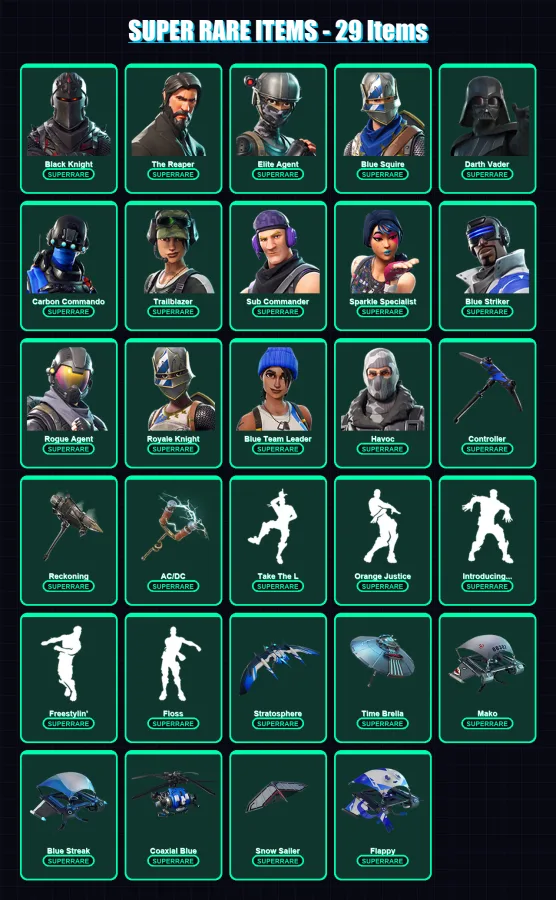[PS4/PS5/XBOX/PC] | Black Knight | The Reaper | Elite Agent | Blue Squire | Darth Vader | 134 skin | 120 pickaxe | 92 emote | 105 glider | Lv1188
