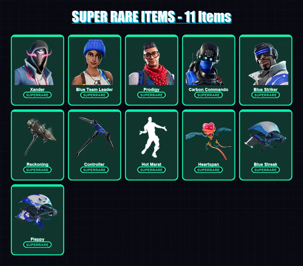 [PC] | Xander | Blue Team Leader | Prodigy | Carbon Commando | Blue Striker | 26 skin | 43 pickaxe | 31 emote | 40 glider | Lv476