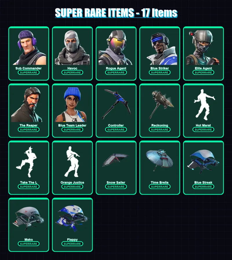 [PS4/PS5/XBOX/PC] | Sub Commander | Havoc | Rogue Agent | Blue Striker | Elite Agent | 43 skin | 32 pickaxe | 49 emote | 45 glider | Lv625