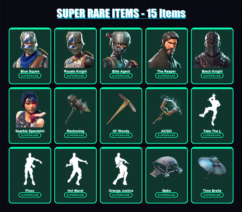 [PC/XBOX] | Blue Squire | Royale Knight | Elite Agent | The Reaper | Black Knight | 169 skin | 216 pickaxe | 173 emote | 186 glider | Lv3806
