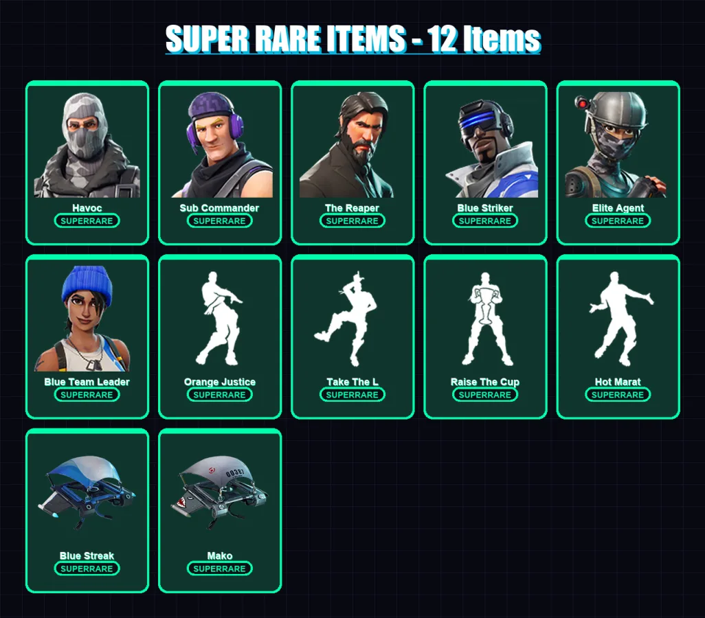 [PC/XBOX/PSN] | Havoc | Sub Commander | The Reaper | Blue Striker | Elite Agent | 44 skin | 60 pickaxe | 66 emote | 63 glider | Lv1003