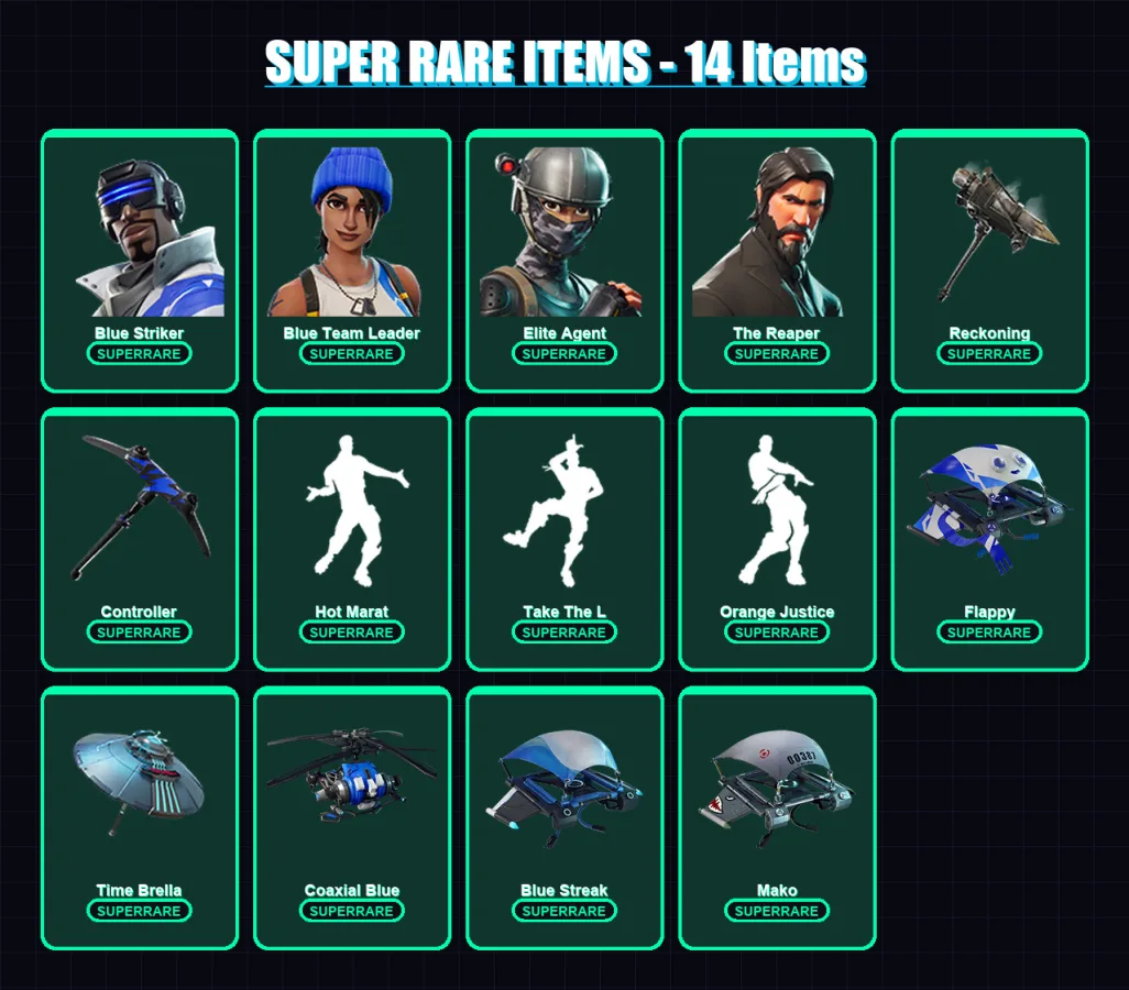 [PS4/PS5/XBOX/PC] | Blue Striker | Blue Team Leader | Elite Agent | The Reaper | Zenith | 98 skin | 113 pickaxe | 138 emote | 116 glider | Lv1841