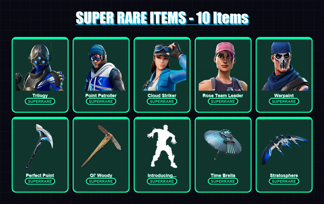 [PC] | Trilogy | Point Patroller | Cloud Striker | Rose Team Leader | Warpaint | 58 skin | 76 pickaxe | 78 emote | 78 glider | Lv1069