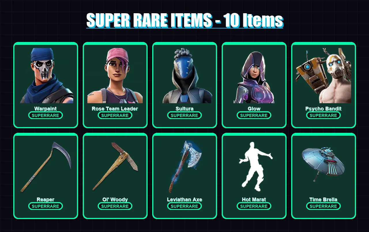 [PC] | Warpaint | Rose Team Leader | Sultura | Glow | Psycho Bandit | 431 skin | 396 pickaxe | 280 emote | 272 glider | Lv3690