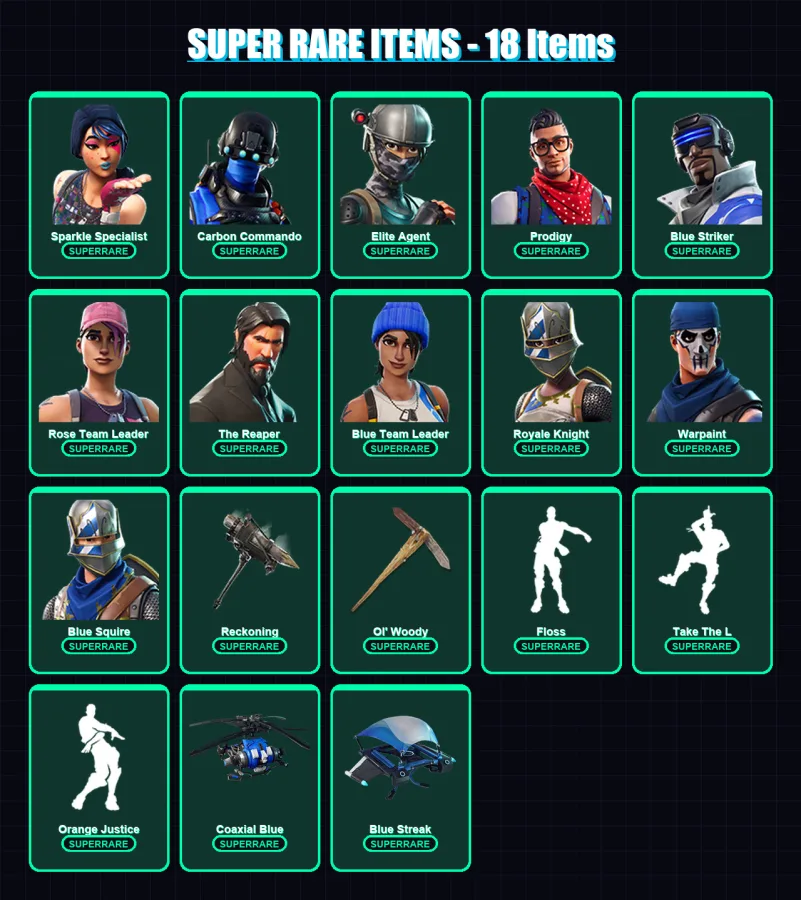 [PS4/PS5/XBOX/PC] | Sparkle Specialist | Carbon Commando | Elite Agent | Prodigy | Blue Striker | 84 skin | 71 pickaxe | 61 emote | 69 glider | Lv93