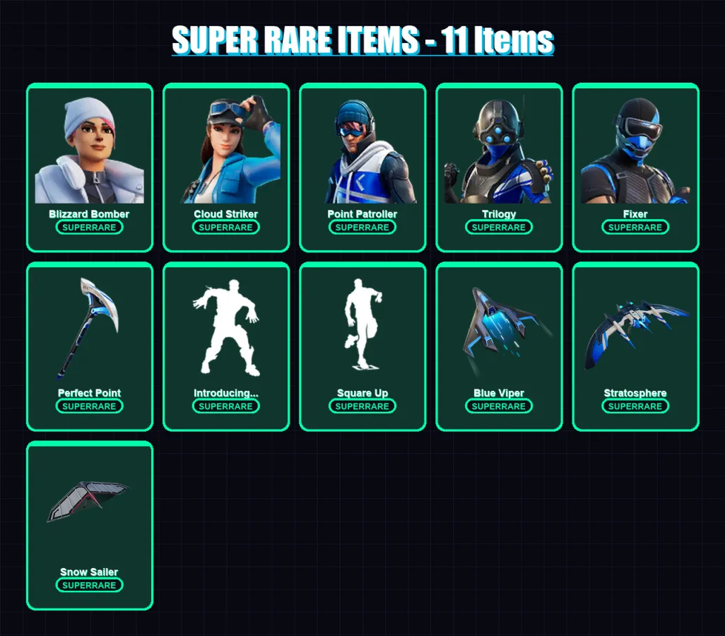 [PS4/PS5/XBOX/PC] | Blizzard Bomber | Cloud Striker | Point Patroller | Trilogy | Fixer | 10 skin | 19 pickaxe | 24 emote | 21 glider | Lv285