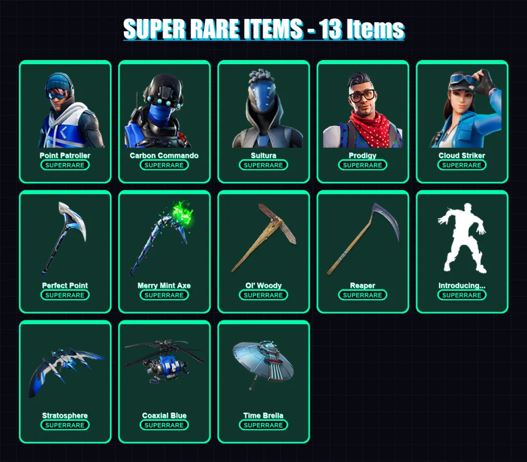 [PS4/PS5/XBOX/PC] | Point Patroller | Carbon Commando | Sultura | Prodigy | Cloud Striker | 109 skin | 109 pickaxe | 92 emote | 89 glider | Lv1459
