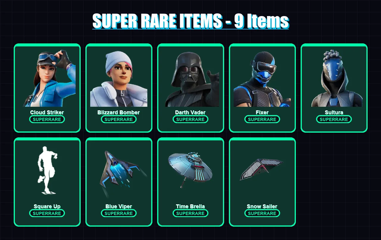 [PS4/PS5/XBOX/PC] | Cloud Striker | Blizzard Bomber | Darth Vader | Fixer | Sultura | 133 skin | 154 pickaxe | 98 emote | 146 glider | Lv1852