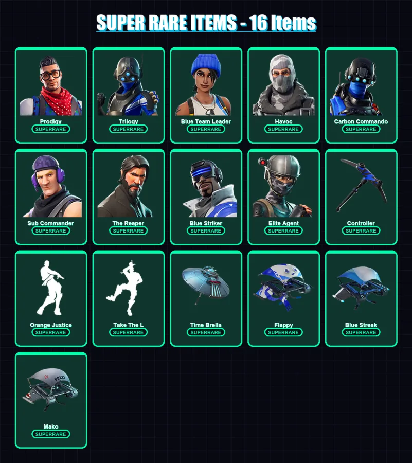 [PC/XBOX] | Prodigy | Trilogy | Blue Team Leader | Havoc | Carbon Commando | 44 skin | 55 pickaxe | 53 emote | 61 glider | Lv781