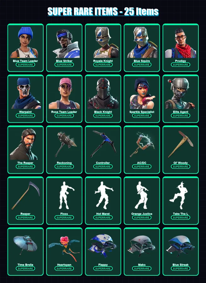 [PS4/PS5/XBOX/PC] | Blue Team Leader | Blue Striker | Royale Knight | Blue Squire | Prodigy | 84 skin | 83 pickaxe | 93 emote | 96 glider | Lv1431