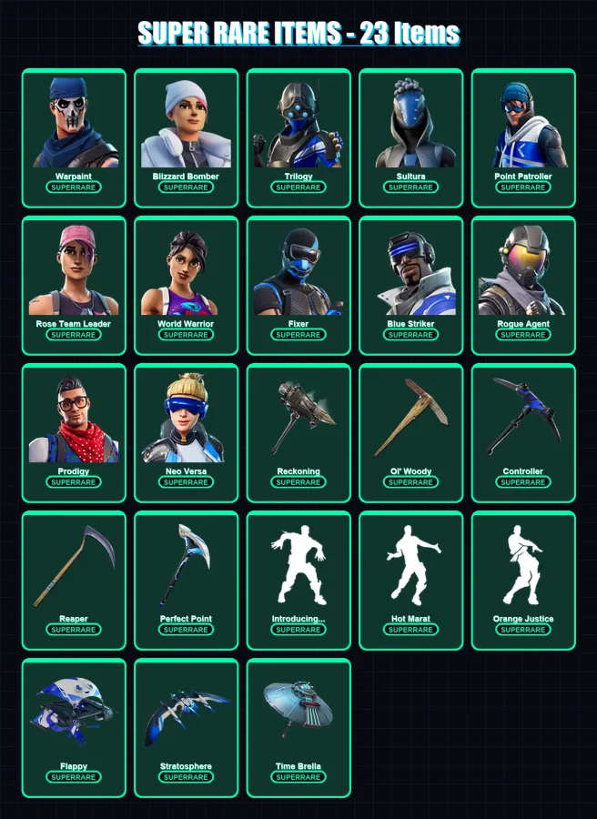 [PS4/PS5/XBOX/PC] | Warpaint | Blizzard Bomber | Trilogy | Sultura | Point Patroller | 157 skin | 155 pickaxe | 136 emote | 135 glider | Lv2200