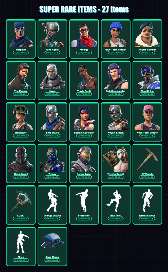 [PS4/PS5/XBOX/PC] | Warpaint | Elite Agent | Prodigy | Blue Team Leader | Royale Bomber | 129 skin | 75 pickaxe | 93 emote | 69 glider | Lv1073