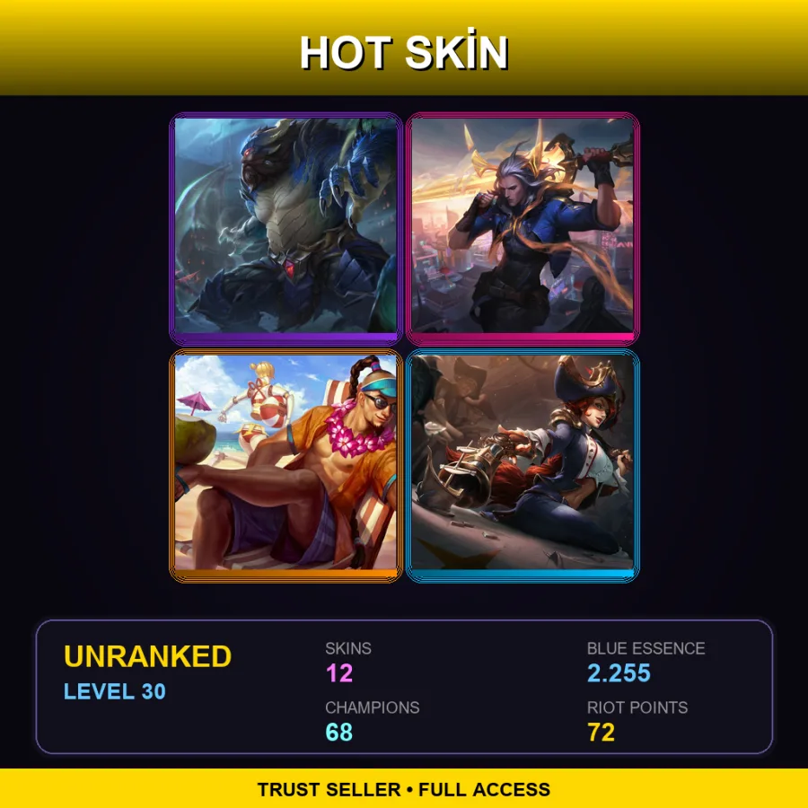 EUW | Lv30 | Unranked | 12 Skin | 68 Champ — LoL account