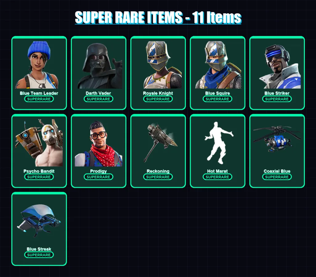 [PC/XBOX/PSN] | Blue Team Leader | Darth Vader | Royale Knight | Blue Squire | Blue Striker | 42 skin | 43 pickaxe | 54 emote | 54 glider | Lv714