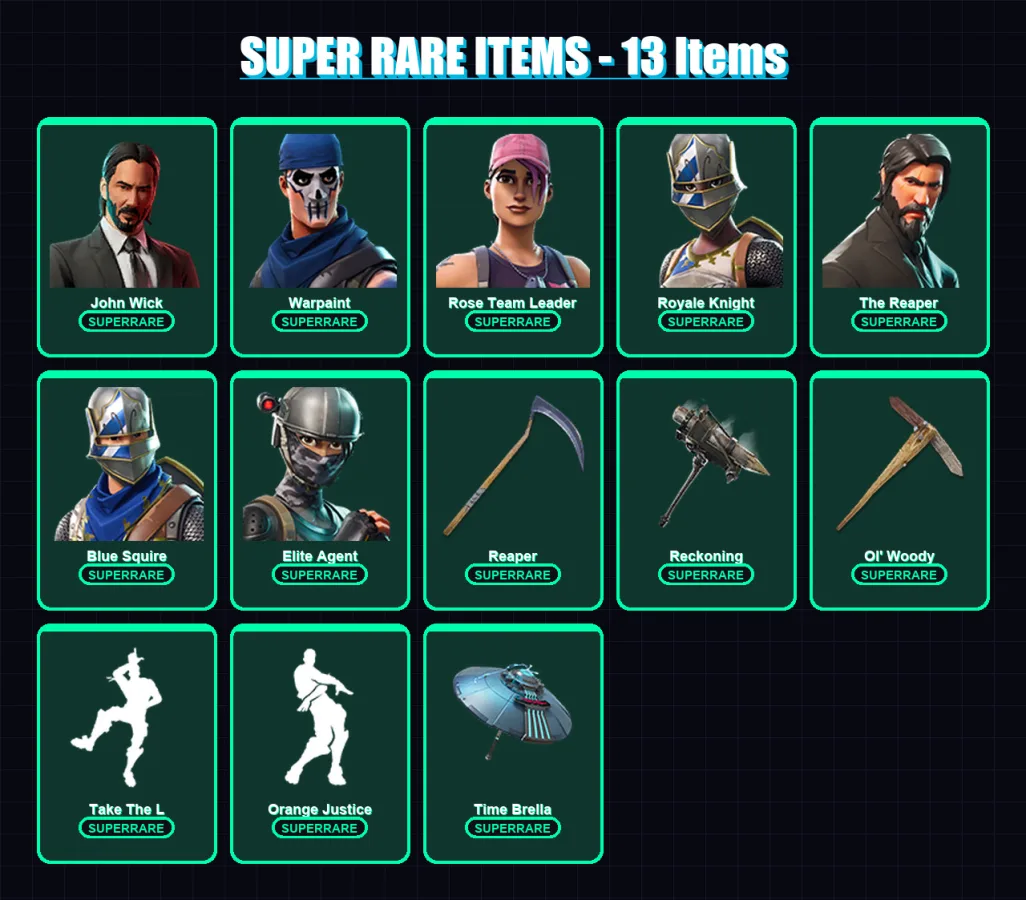 [PC] | John Wick | Warpaint | Rose Team Leader | Royale Knight | The Reaper | 105 skin | 95 pickaxe | 137 emote | 104 glider | Lv1398