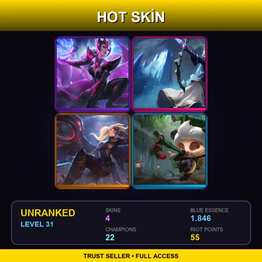 TR | Challenger Ahri | Queen Ashe | Riot Kayle | Panda Teemo | 4 Skin | 22 Champ | Lv31