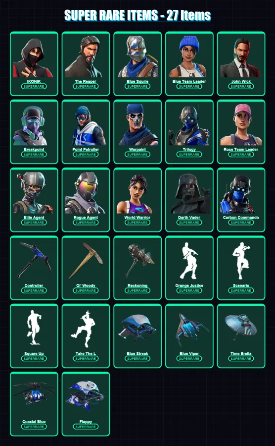[PC/XBOX] | IKONIK | The Reaper | Blue Squire | Blue Team Leader | John Wick | 202 skin | 170 pickaxe | 138 emote | 163 glider | Lv2109 — Fortnite account