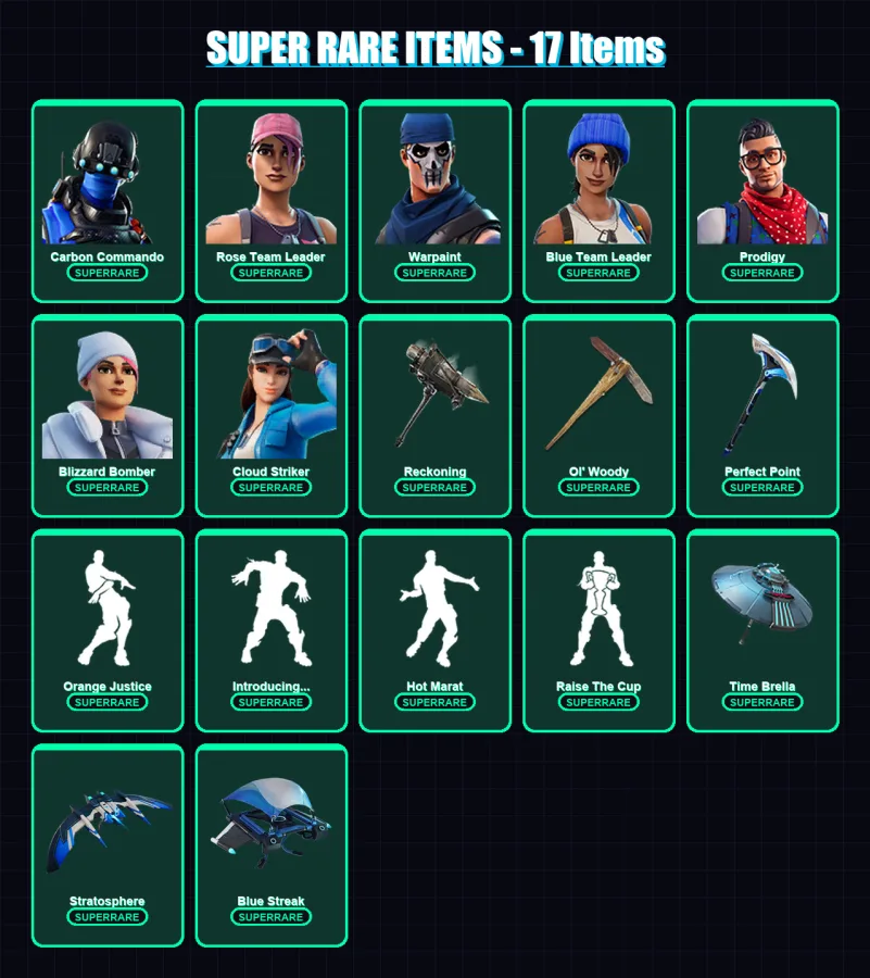 [PS4/PS5/XBOX/PC] | Carbon Commando | Rose Team Leader | Warpaint | Blue Team Leader | Prodigy | 84 skin | 88 pickaxe | 80 emote | 102 glider | Lv11