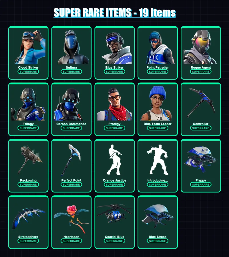 [PS4/PS5/XBOX/PC] | Cloud Striker | Sultura | Blue Striker | Point Patroller | Rogue Agent | 103 skin | 83 pickaxe | 106 emote | 88 glider | Lv1386