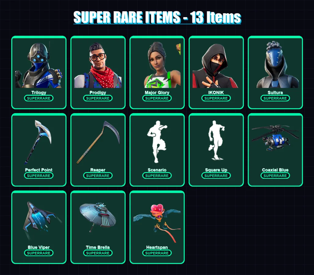 [PS4/PS5/XBOX/PC] | Trilogy | Prodigy | Major Glory | IKONIK | Sultura | 123 skin | 123 pickaxe | 114 emote | 111 glider | Lv1744