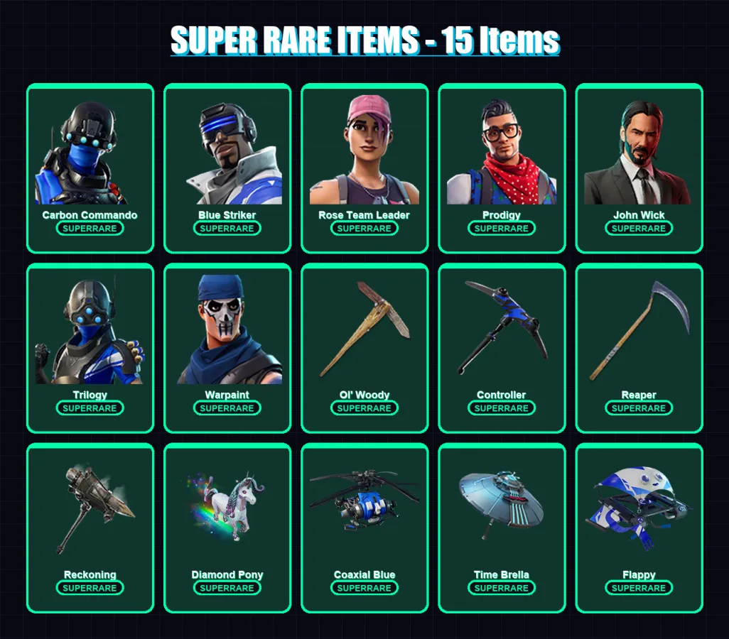 [PC/XBOX] | Carbon Commando | Blue Striker | Rose Team Leader | Prodigy | John Wick | 96 skin | 92 pickaxe | 92 emote | 84 glider | Lv1128