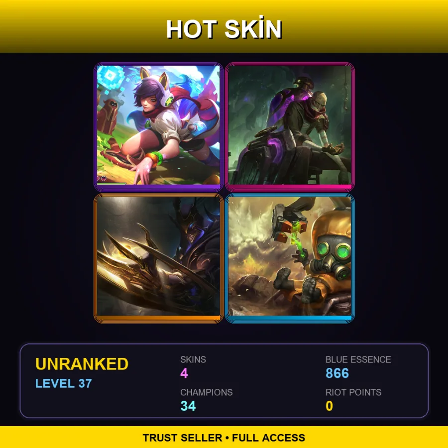 SG | Arcade Ahri | Arcane Shimmer Lab Singed | Galaxy Slayer Zed | Hazmat Heimerdinger | 4 Skin | 34 Champ | Lv37